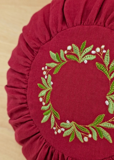 Poduszka lniana okrągła, bordowa